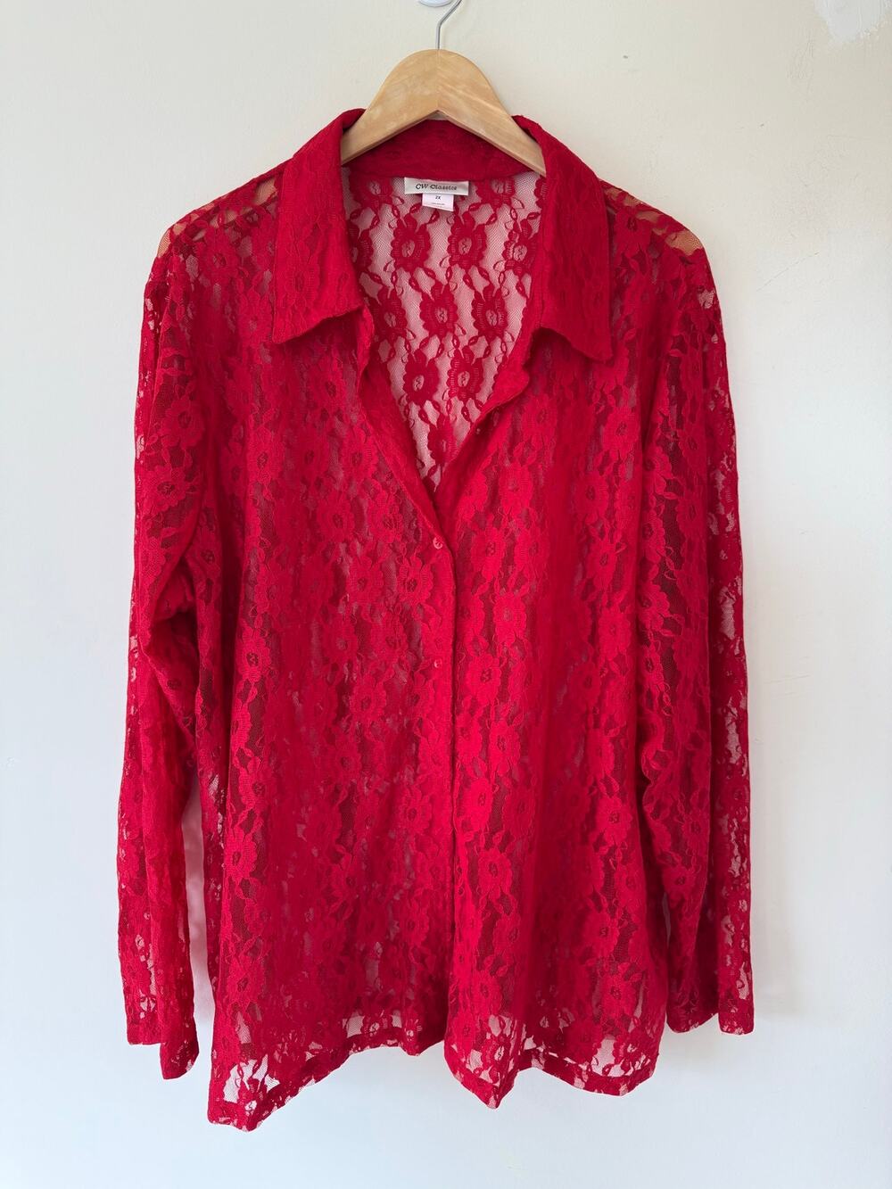 CW Classics Red Sheer Floral Lace Blouse Womens 2X Long Sleeve Whimsigoth Y2K